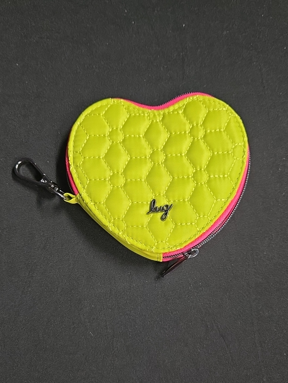 Lug Heart-Shaped Quilted Coin & Key Chain Neon Yellow w/ Pink Trim EUC 4.25"x4"